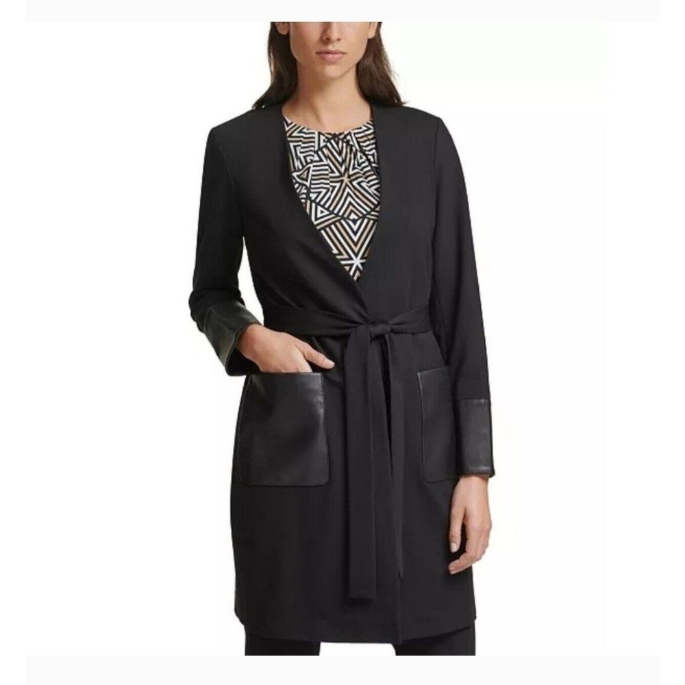 CALVIN KLEIN Black Faux Longline Leather Topper Jacket Minimalist Lagenlook 24W - Picture 6 of 7